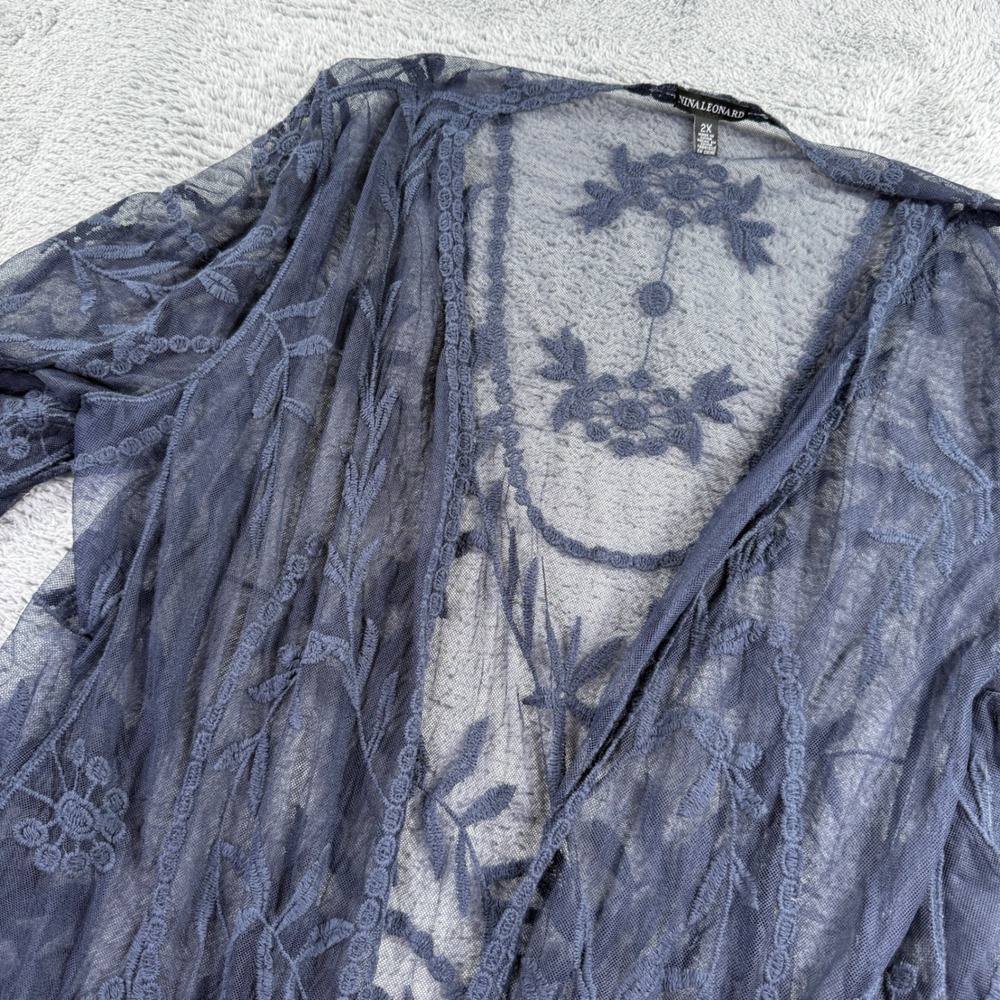 Nina Leonard Cardigan Women 2X Navy Blue Boho Fairy Embroidered Mesh Sheer Boho